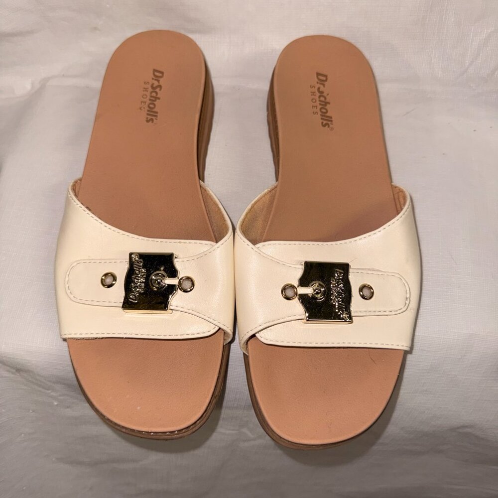 Dr. Scholl's "Island Icon" Metallic White/Cream Slide Sandals 6.5M